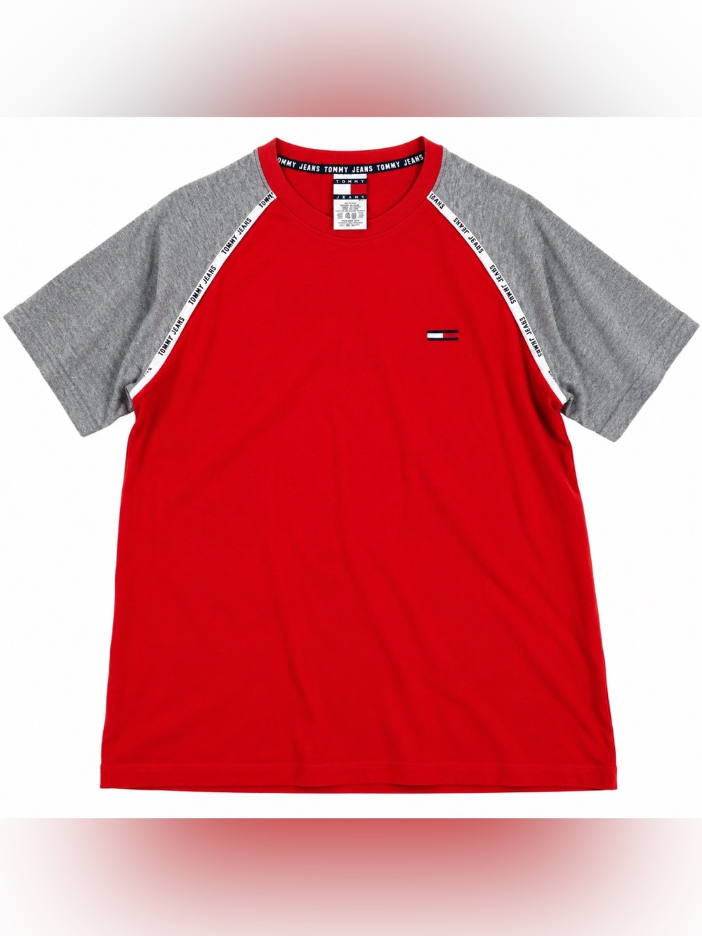 EUC Vintage Tommy Jeans T Shirt Men’s L Red Gray Colorblock Raglan Logo Y2K